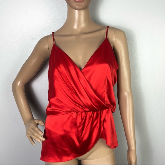 NEW CINQ A SEPT RED DRAPED SILK TOP - Picture 2 of 8